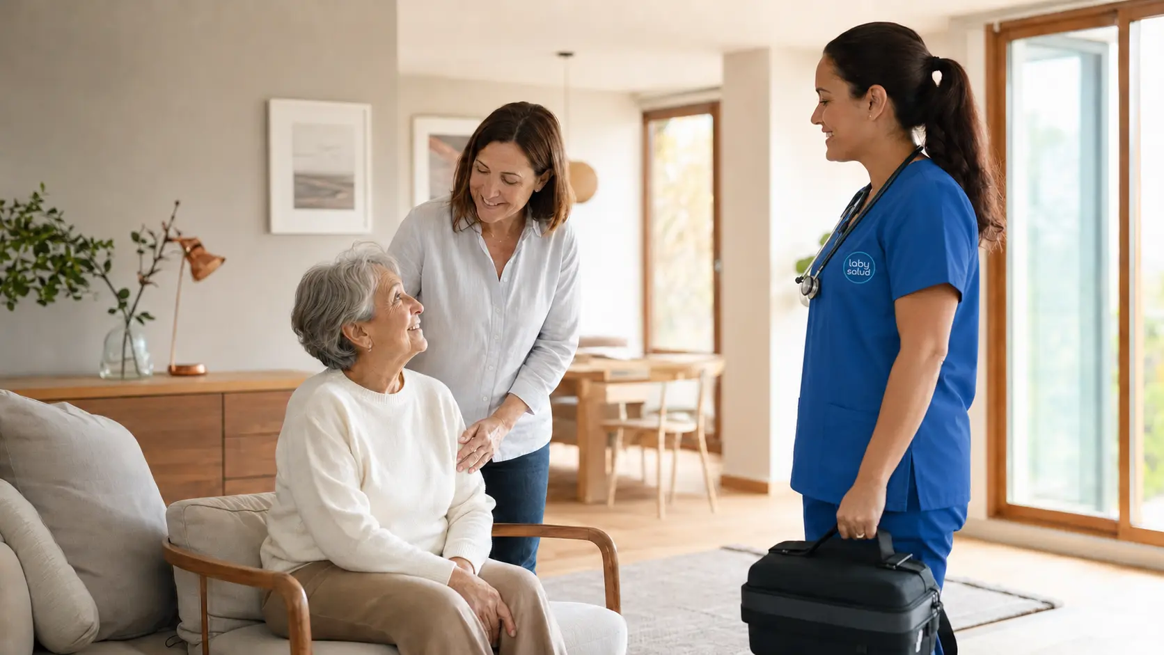 Profesional de salud conversa con una adulta mayor y su familiar en casa